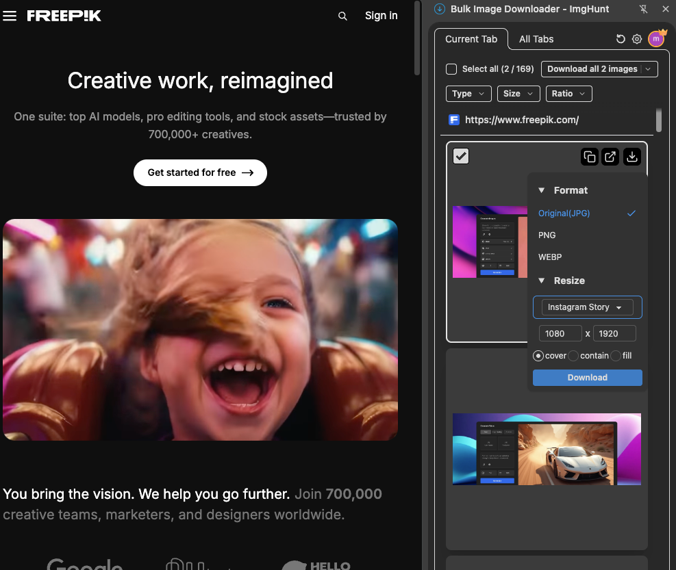 Freepik bulk image downloader interface screenshot - ImgHunt Chrome extension showing batch download features for Freepik images