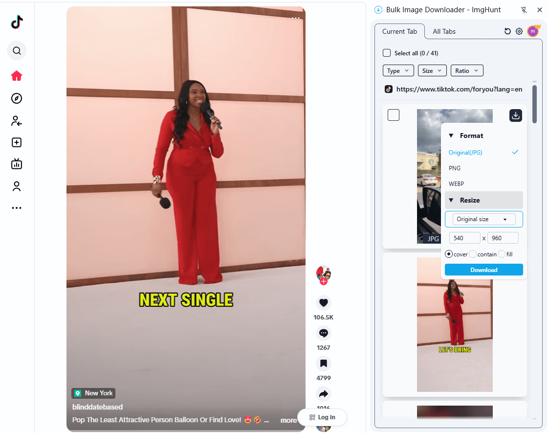 Tiktok bulk image downloader interface screenshot - ImgHunt Chrome extension showing batch download features for TT images