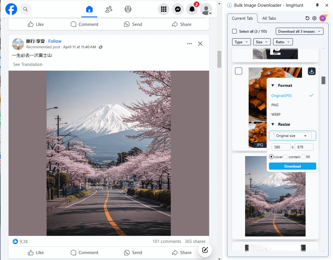 Facebook bulk image downloader interface screenshot - ImgHunt Chrome extension showing batch download features for FB images