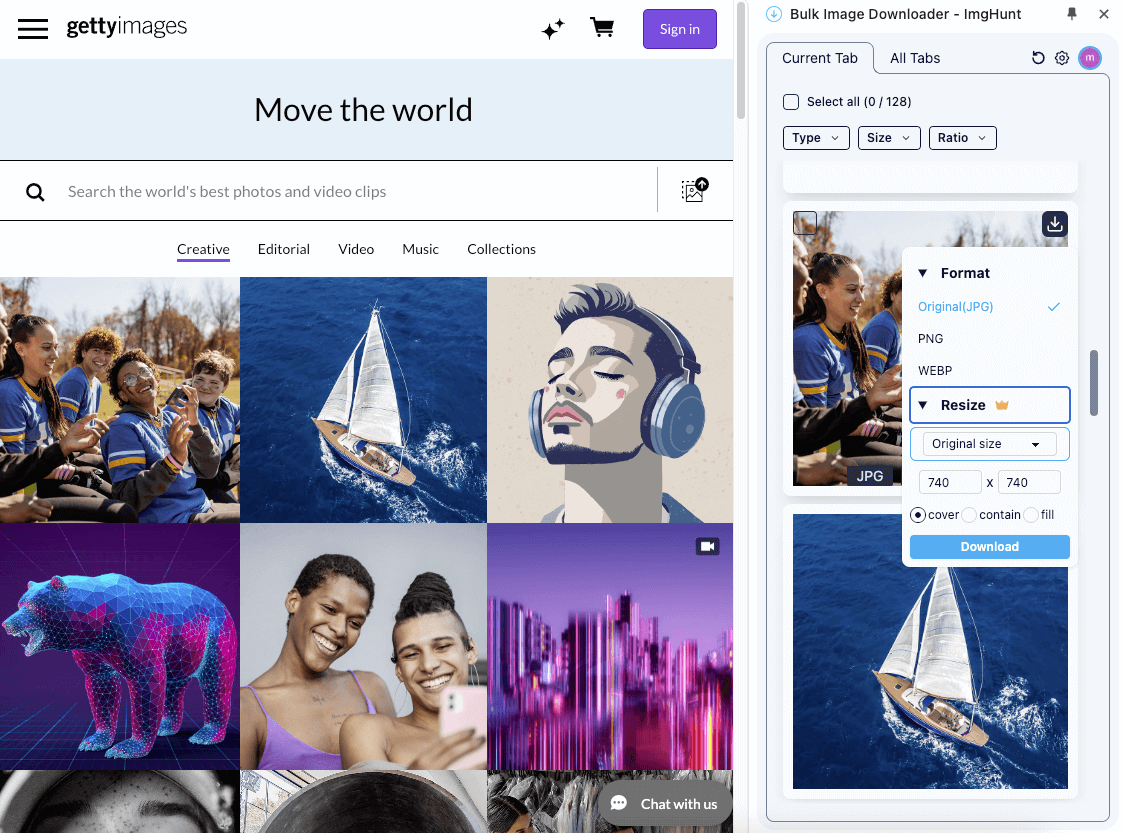 Getty bulk image downloader interface screenshot - ImgHunt Chrome extension showing batch download features for Getty images
