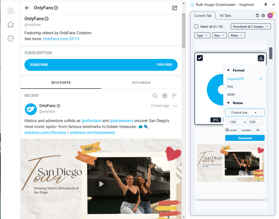 Onlyfans bulk image downloader interface screenshot - ImgHunt Chrome extension showing batch download features for OF images