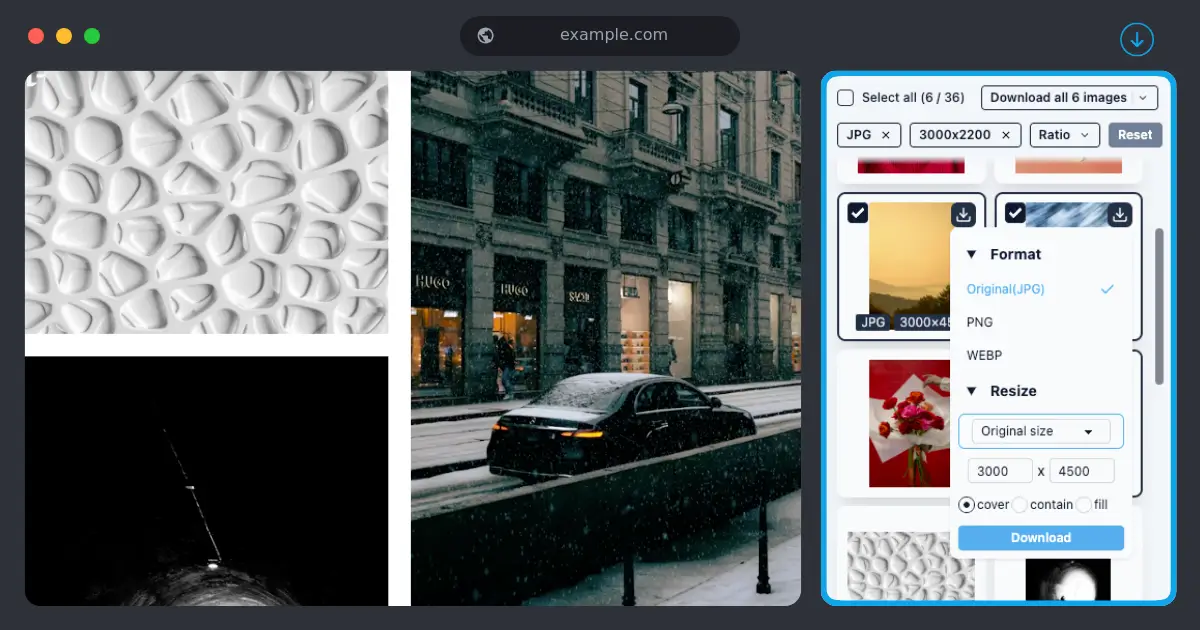 Bulk image downloader interface screenshot - ImgHunt Chrome extension showing batch download features for any website images